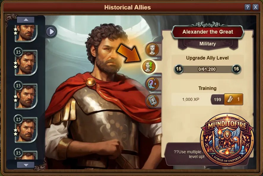 Aliados Históricos Pestaña Subir de nivel